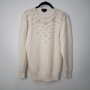 Vintage Ivory Pearl Beaded Sweater, Lambswool Angora Blend